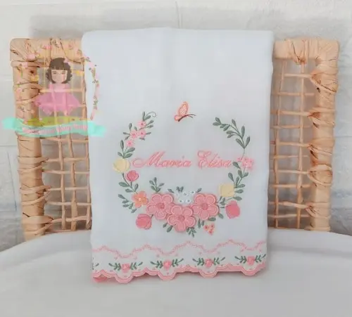 Kit Cueiro 400 Fios e Fraldas Barra Bordada Floral Rosé