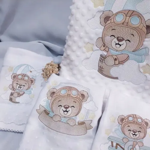 Kit Manta Cobertor Soft para Bebês Ursinho Aviador Luxo