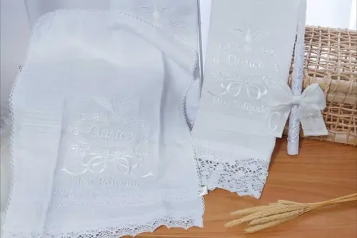 Kit Toalha Batizado Linho Fralda e Vela