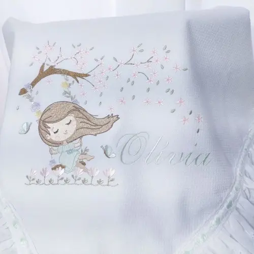 Manta Piquet Luxo com Bordado Inglês Bebê Floral Boneca