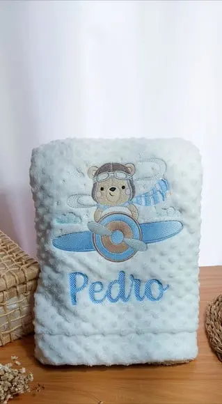 Manta/cobertor Soft Bordada para Bebês Premium Urso Aviador