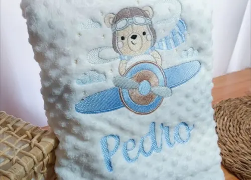 Manta/cobertor Soft Bordada para Bebês Premium Urso Aviador