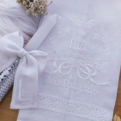 Toalha Batizado Linho Luxo + Vela