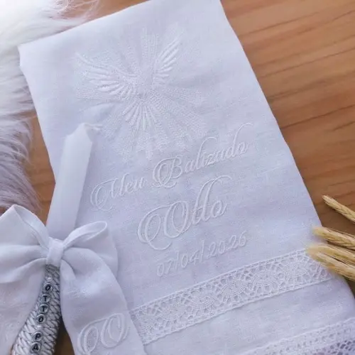 Toalha Batizado Linho Luxo + Vela