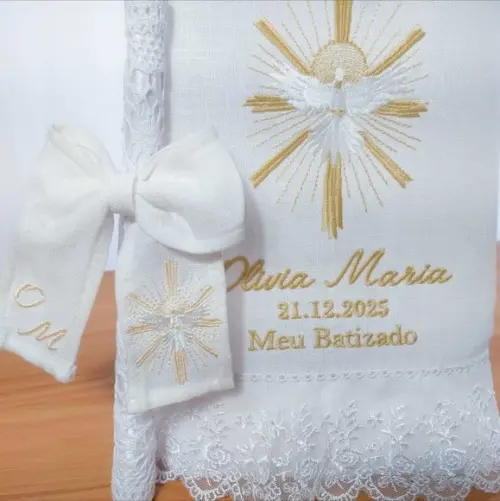 Toalha Batizado Linho Luxo + Vela