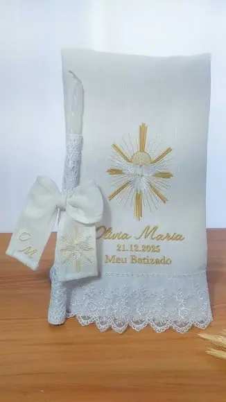 Toalha Batizado Linho Luxo + Vela
