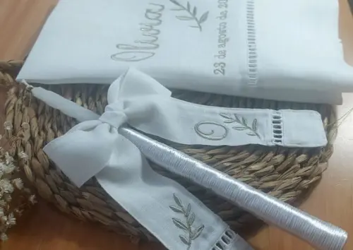Toalha Batizado Linho Luxo + Vela