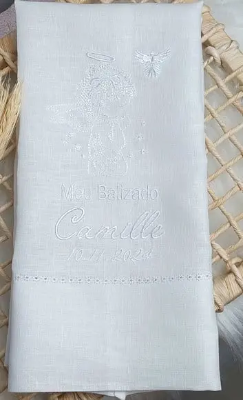Toalha Linho Batizado Anjinho Bordada