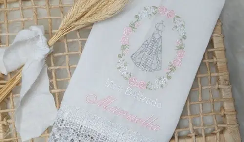 Toalha Linho Batizado Nossa Senhora Bordada
