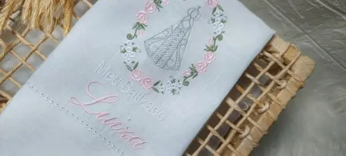 Toalha Linho Batizado Nossa Senhora Bordada