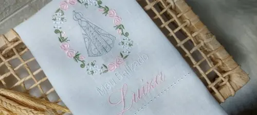 Toalha Linho Batizado Nossa Senhora Bordada