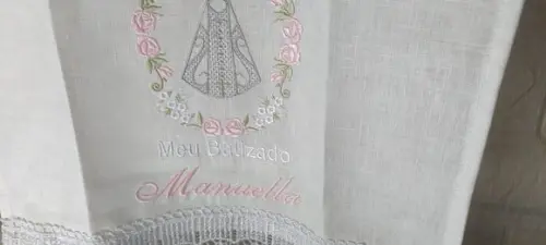 Toalha Linho Batizado Nossa Senhora Bordada