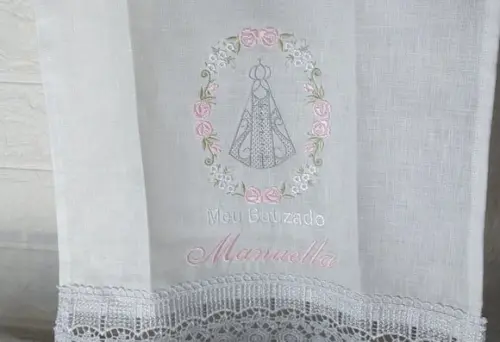 Toalha Linho Batizado Nossa Senhora Bordada