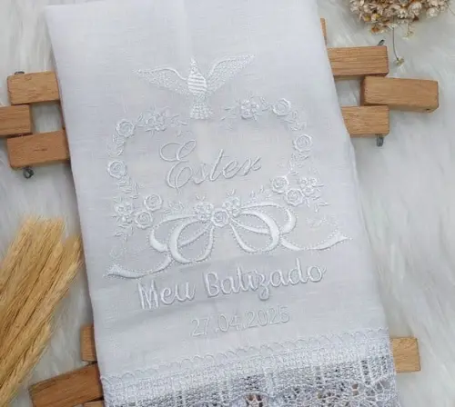 Toalha Linho Delicado Batizado Bordado