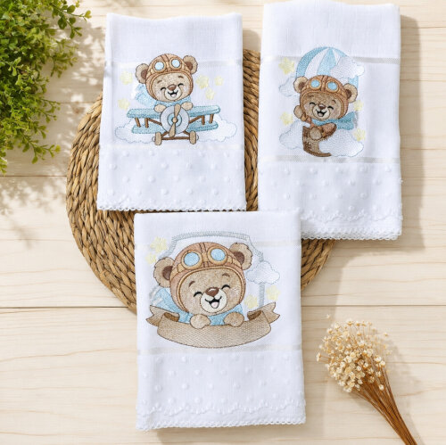 Kit Fralda De Boca Ombro Passeio Bebê Menino Urso Aviador Personalizado Bordado Com Nome Luxo
