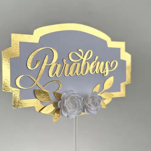 Topo de Bolo "parabéns" com Flores de Papel