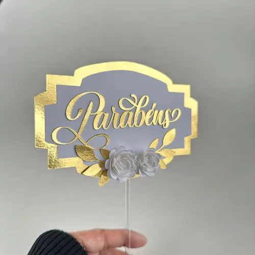 Topo de Bolo parabéns com Flores de Papel