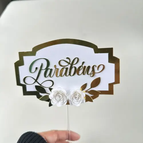 Topo de Bolo parabéns com Flores de Papel