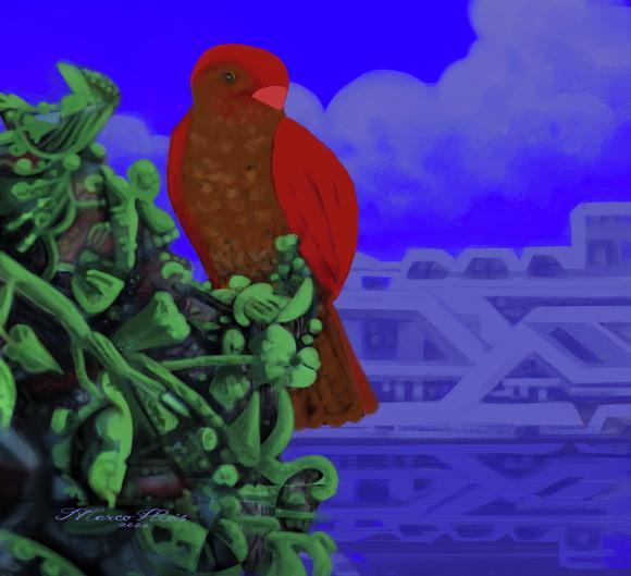 Passaro Vermelho em Paisagem Futurista
