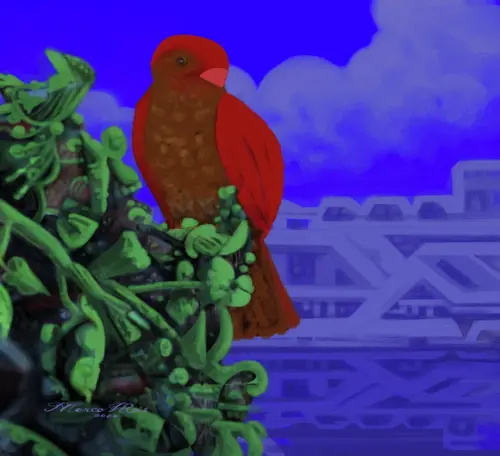 Passaro Vermelho em Paisagem Futurista