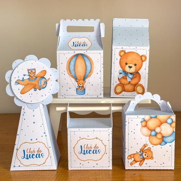 40 Itens Chá de Bebê Ursinhos Azul 1 Caixinhas Festas