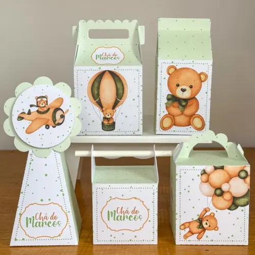 40 Itens Chá de Bebê Ursinhos Verde 1 Caixinhas Festas