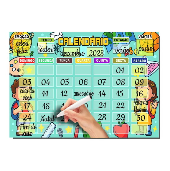 Calendário Educativo Infantil Imã com Caneta - Escolar