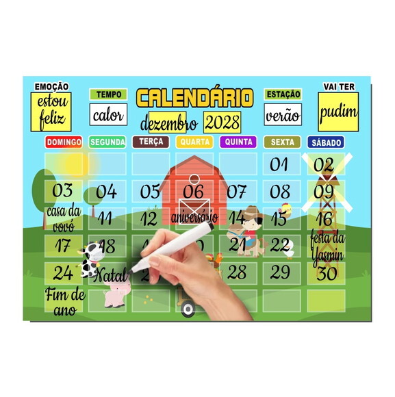 Calendário Educativo Infantil Imã com Caneta - Fazendinha