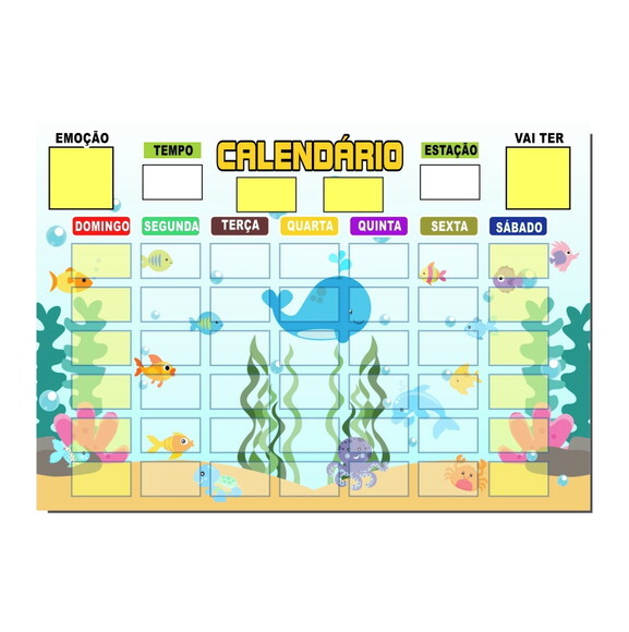 Calendário Educativo Infantil Imã com Caneta - Fundo do Mar