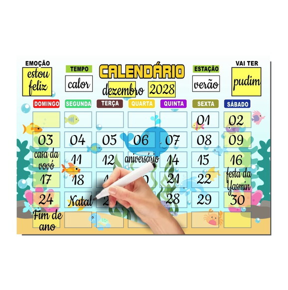 Calendário Educativo Infantil Imã com Caneta - Fundo do Mar