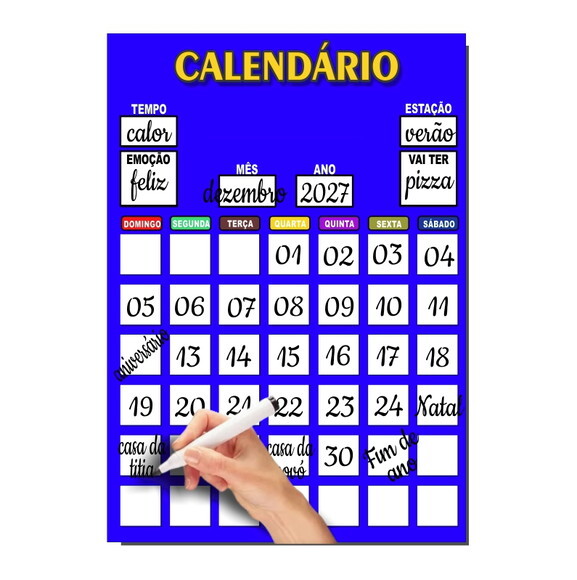Calendário Lousa Organizador Educativo + Caneta Imã - Azul