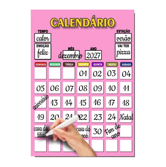 Calendário Lousa Organizador Educativo + Caneta Imã - Rosa