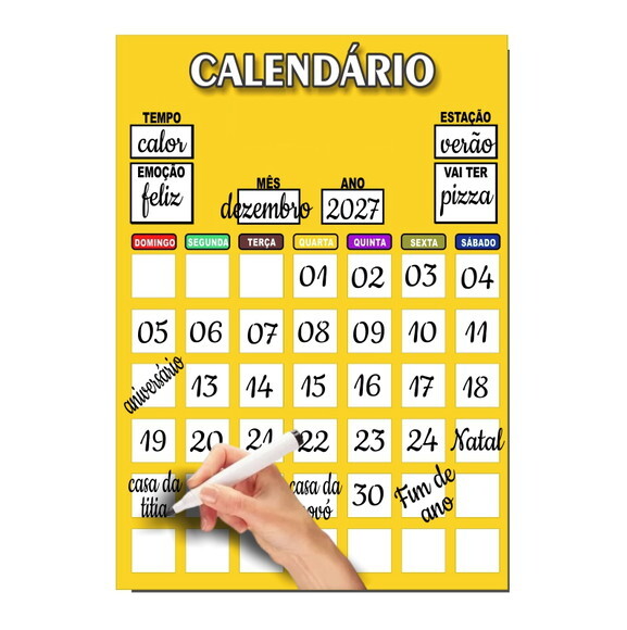 Calendário Lousa Organizador Educativo + Caneta Imã- Amarelo