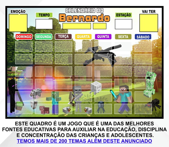 Calendário Magnético Montado Personalizado - Minecraft