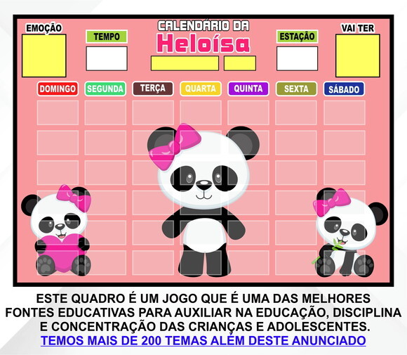 Calendário Magnético Montado Personalizado - Panda Rosa