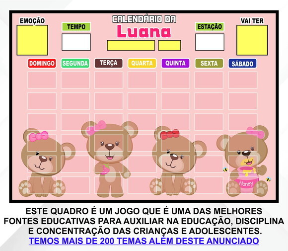Calendário Magnético Montado Personalizado - Ursinha Rosa