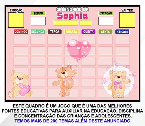 Calendário Magnético Montado Personalizado - Ursinho Rosa