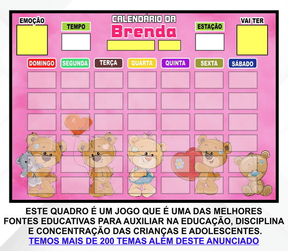 Calendário Magnético Montado Personalizado Ursinhos Dengosos