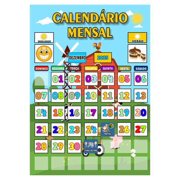 Calendário Mensal Vertical - Magnético - Grande - Fazendinha