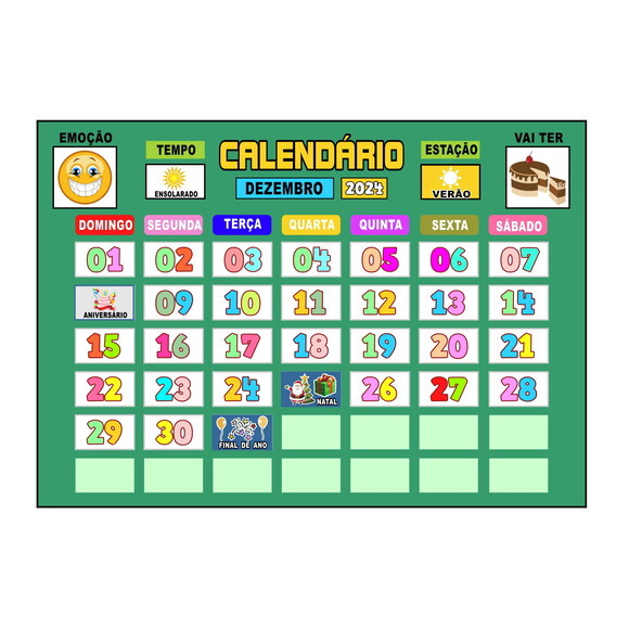 Calendário Montado Magnético (grande) - Fundo Verde