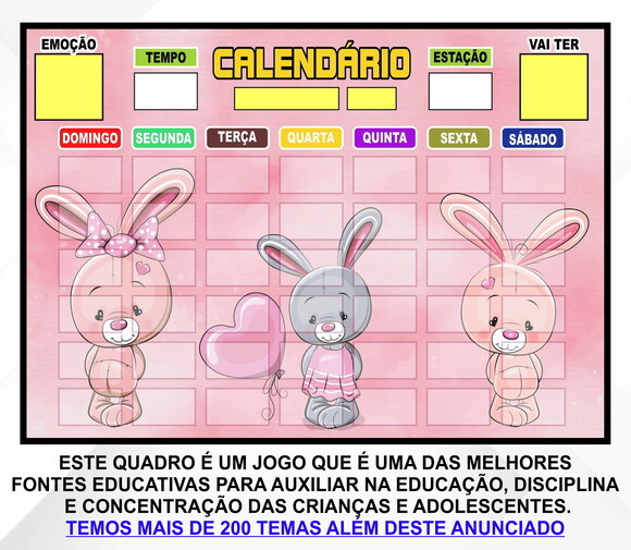 Calendário Montado Magnético Infantil - Coelhinhos Cute