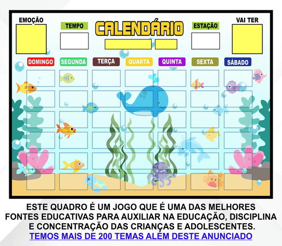 Calendário Montado Magnético Infantil - Fundo do Mar
