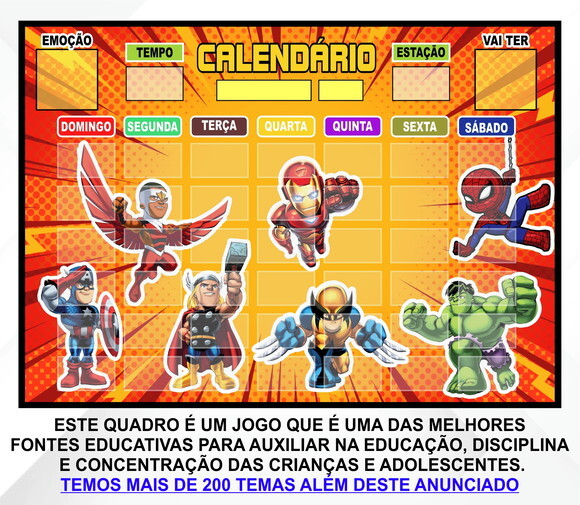 Calendário Montado Magnético Infantil - Heróis Cute