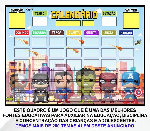 Calendário Montado Magnético Infantil - Heróis Cute 2