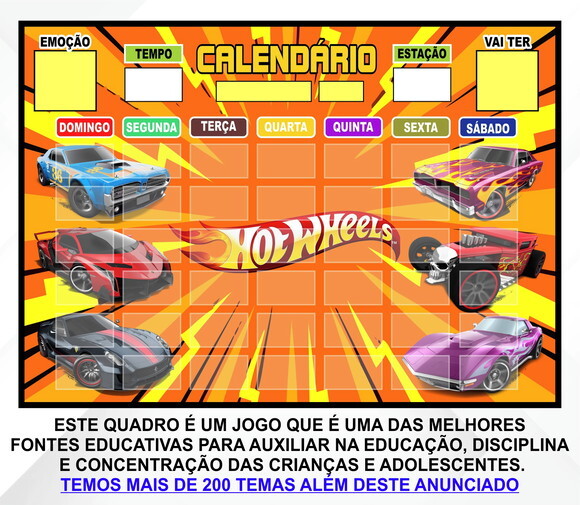 Calendário Montado Magnético Infantil - Hotwheels