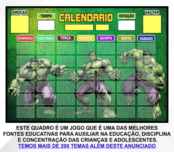 Calendário Montado Magnético Infantil - Hulk 2