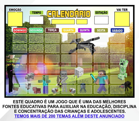 Calendário Montado Magnético Infantil - Minecraft