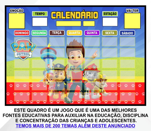 Calendário Montado Magnético Infantil - Patrulha Canina