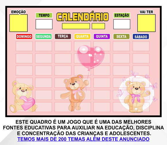 Calendário Montado Magnético Infantil - Ursinho Rosa