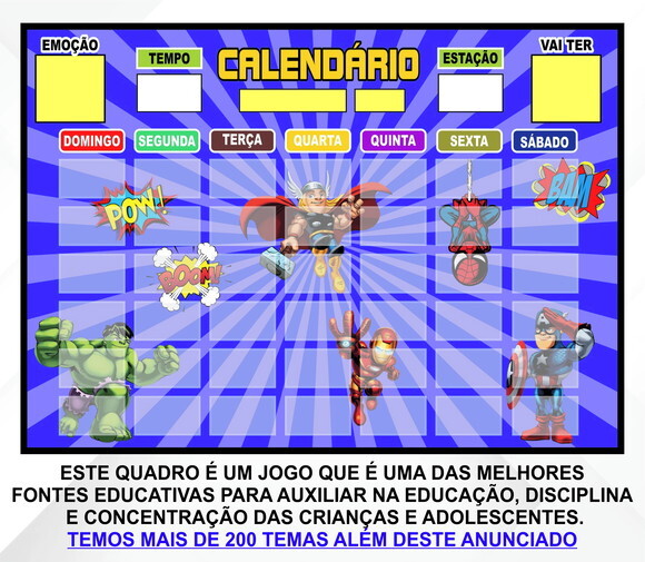 Calendário Montado Magnético Infantil - Vingadores Cute